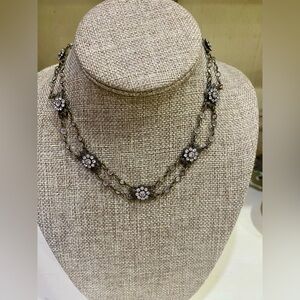 Kenny Ma Antique Gold Clear Crystal Floral Layered Necklace